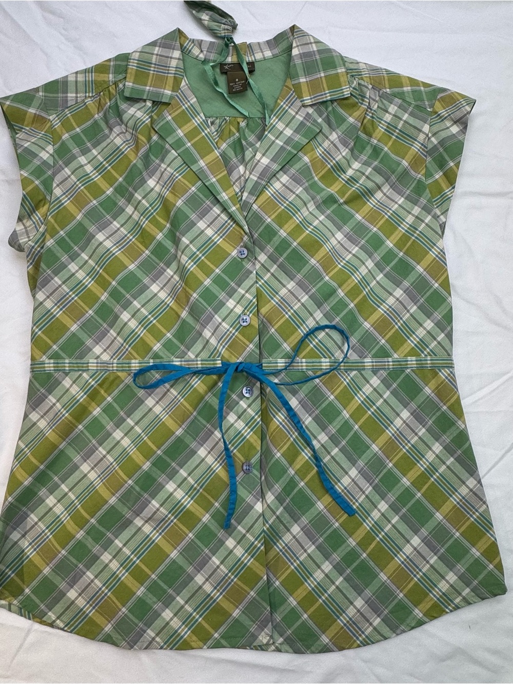 Anthropologie FEI Sz 8 Button Down Green Plaid Cap Sleeve Blouse Cottagecore
